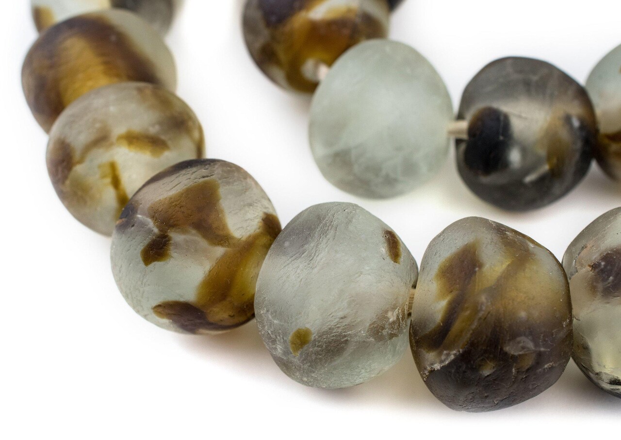 Super Jumbo Recycled Glass Beads - Beaded Wall Hangings - Extra Large African Sea Glass Beads 32-35mm - The Bead Chest (Brown Swirl)